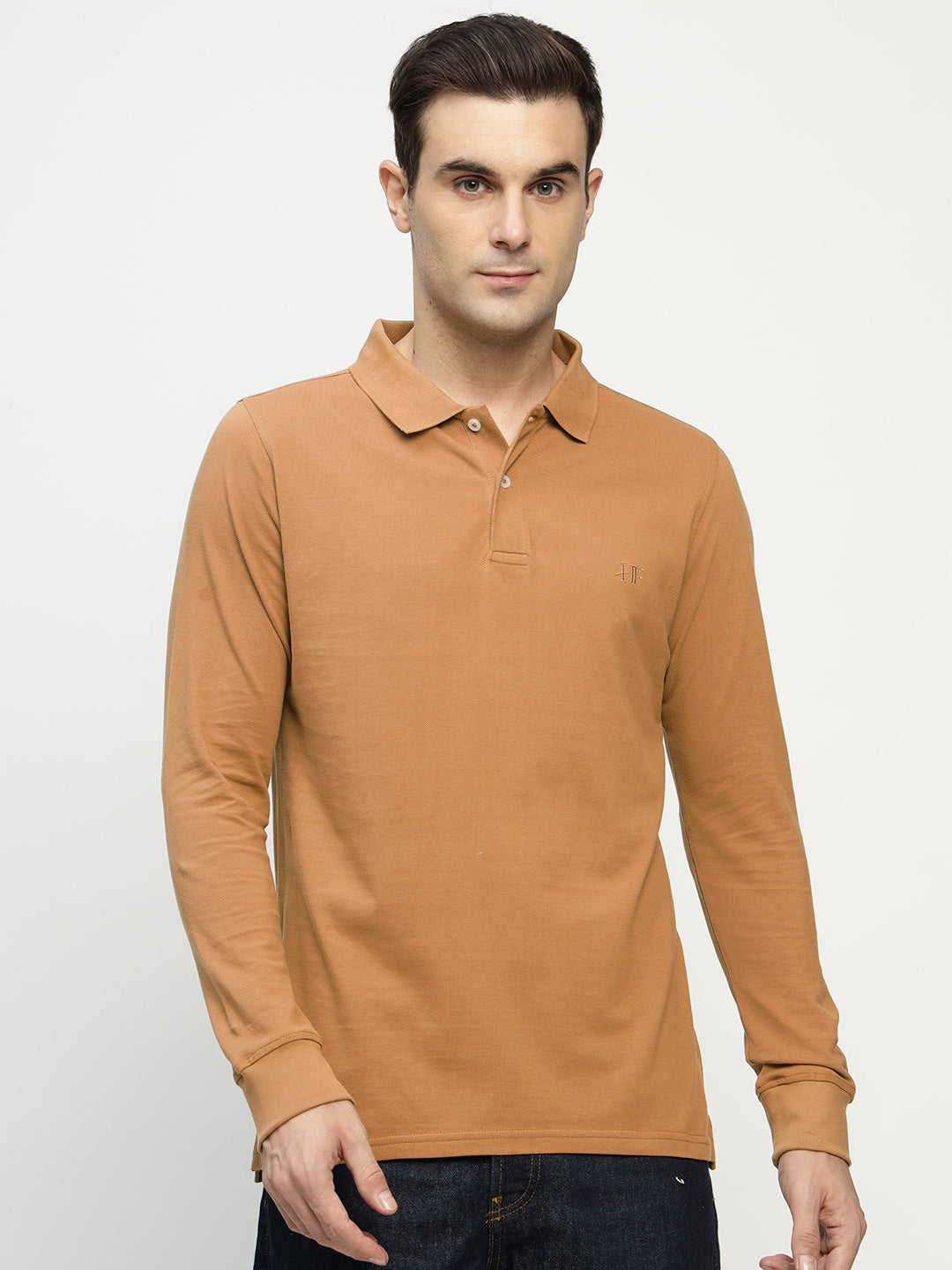 Men Tan Solid Pure Cotton Slim Fit Formal Tshirt