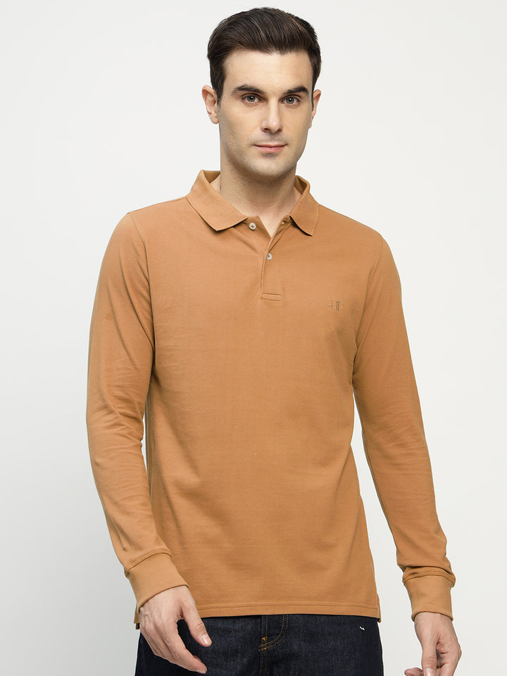 Men Tan Solid Pure Cotton Slim Fit Formal Tshirt