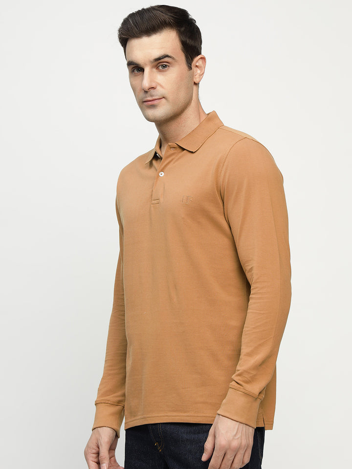 Men Tan Solid Pure Cotton Slim Fit Formal Tshirt