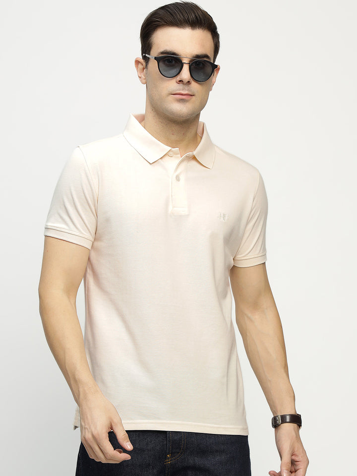 Men Cream Solid Pure Cotton Slim Fit Formal Tshirt