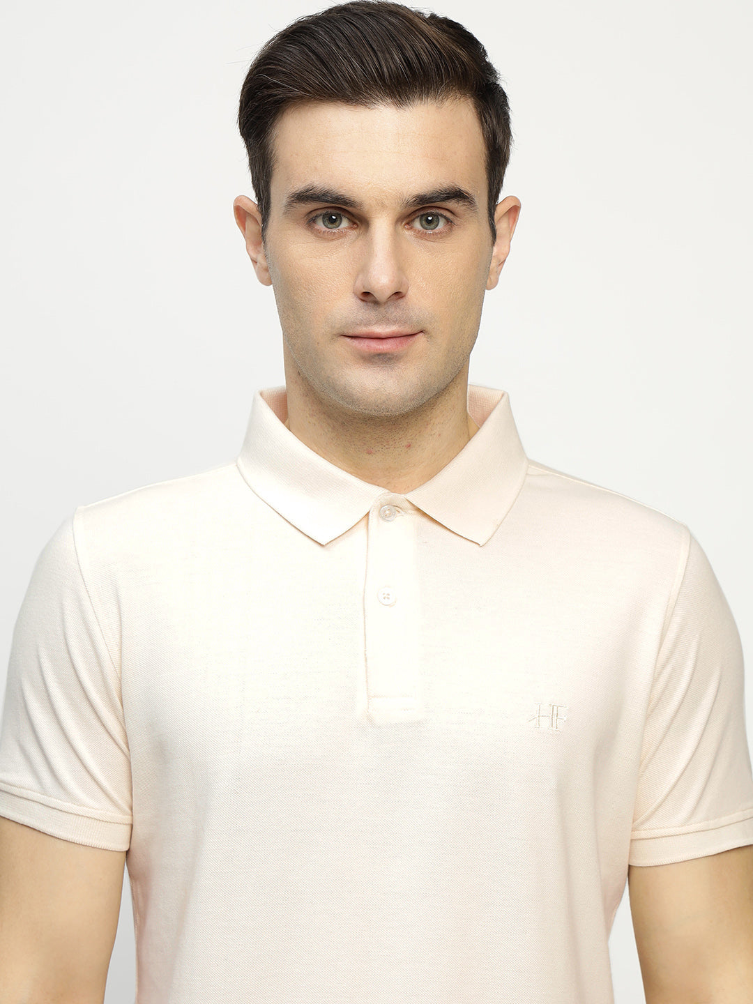 Men Cream Solid Pure Cotton Slim Fit Formal Tshirt