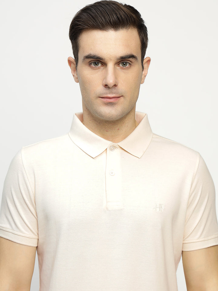 Men Cream Solid Pure Cotton Slim Fit Formal Tshirt