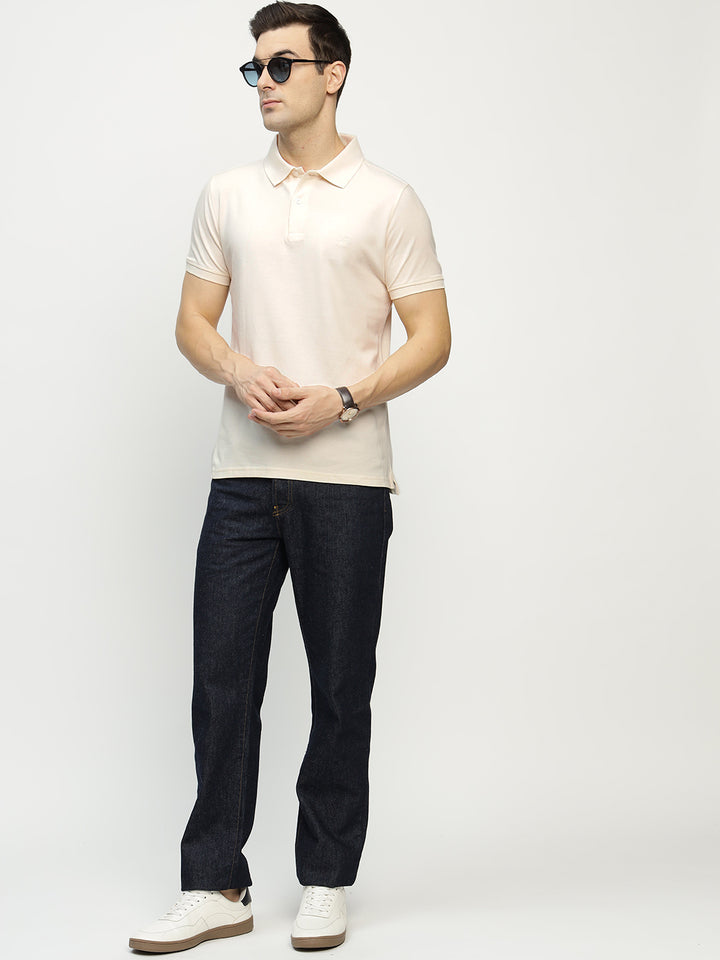 Men Cream Solid Pure Cotton Slim Fit Formal Tshirt