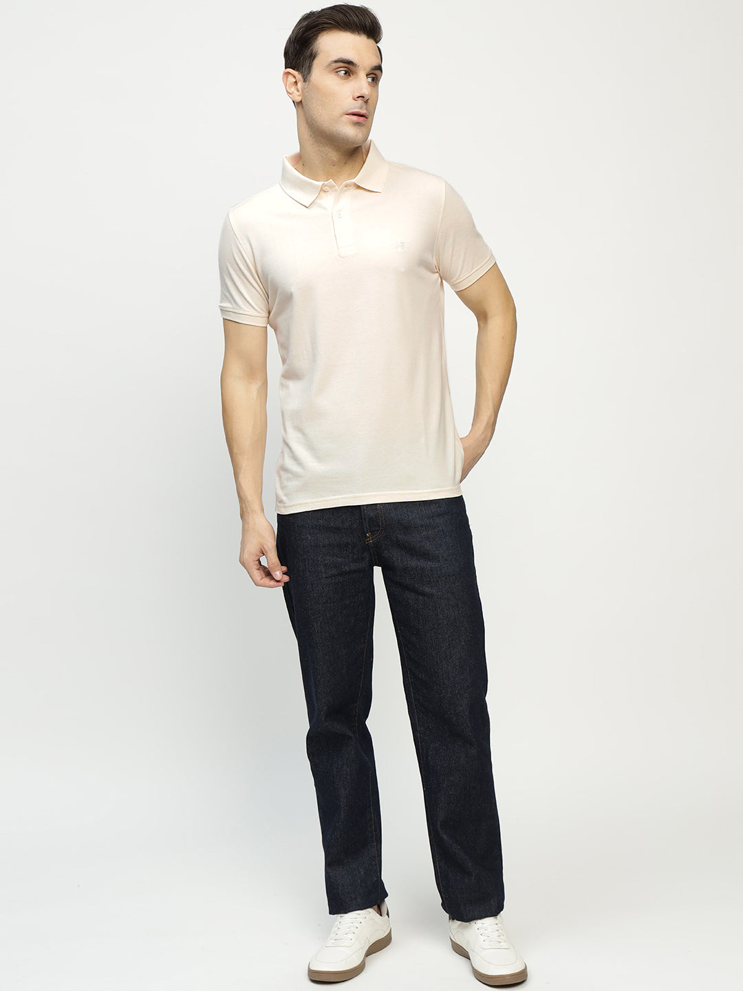 Men Cream Solid Pure Cotton Slim Fit Formal Tshirt