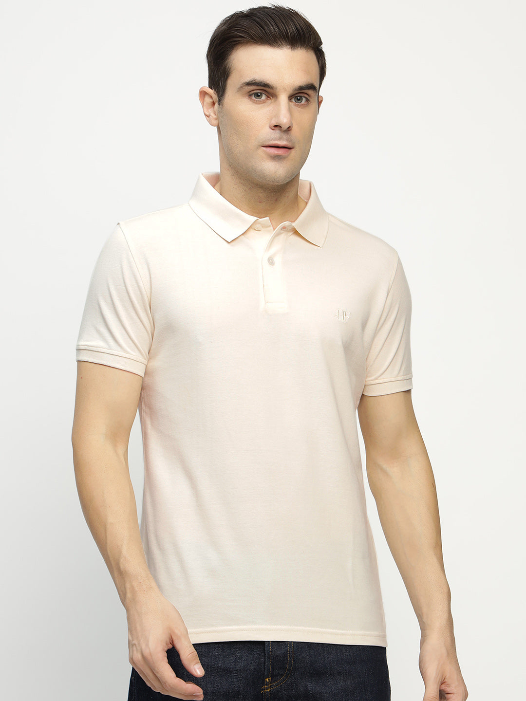 Men Cream Solid Pure Cotton Slim Fit Formal Tshirt