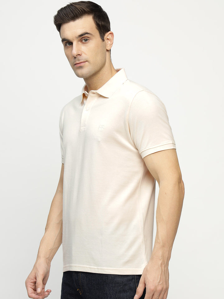 Men Cream Solid Pure Cotton Slim Fit Formal Tshirt