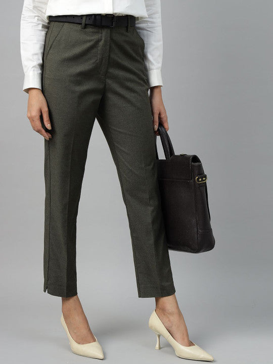 Women Olive Solid Polyester Viscose & Elastane Slim Fit Formal Trouser