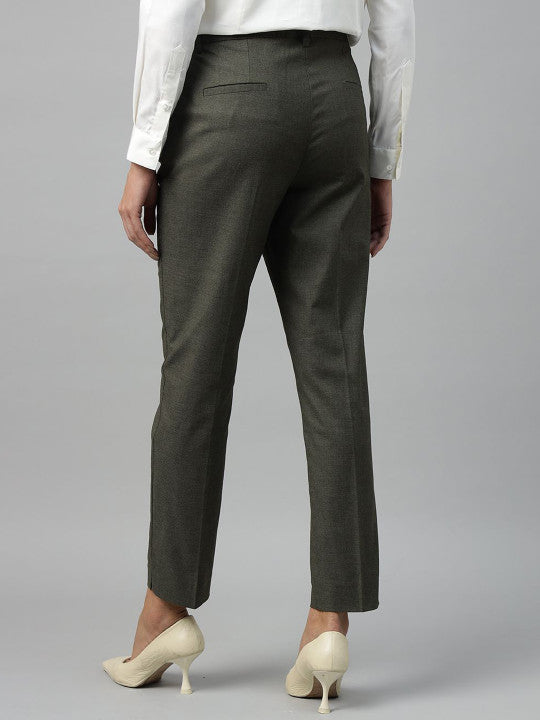 Women Olive Solid Polyester Viscose & Elastane Slim Fit Formal Trouser