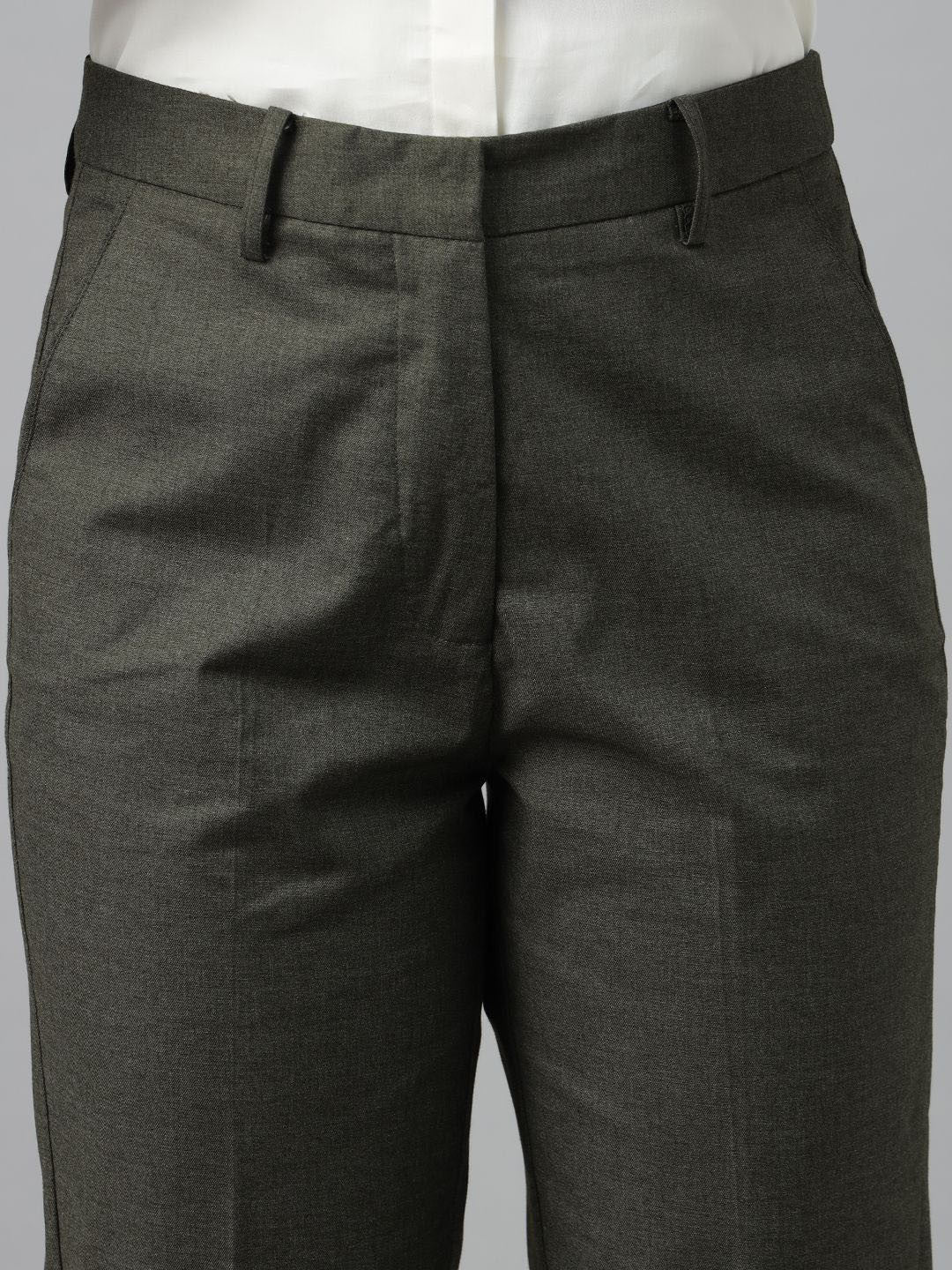 Women Olive Solid Polyester Viscose & Elastane Slim Fit Formal Trouser
