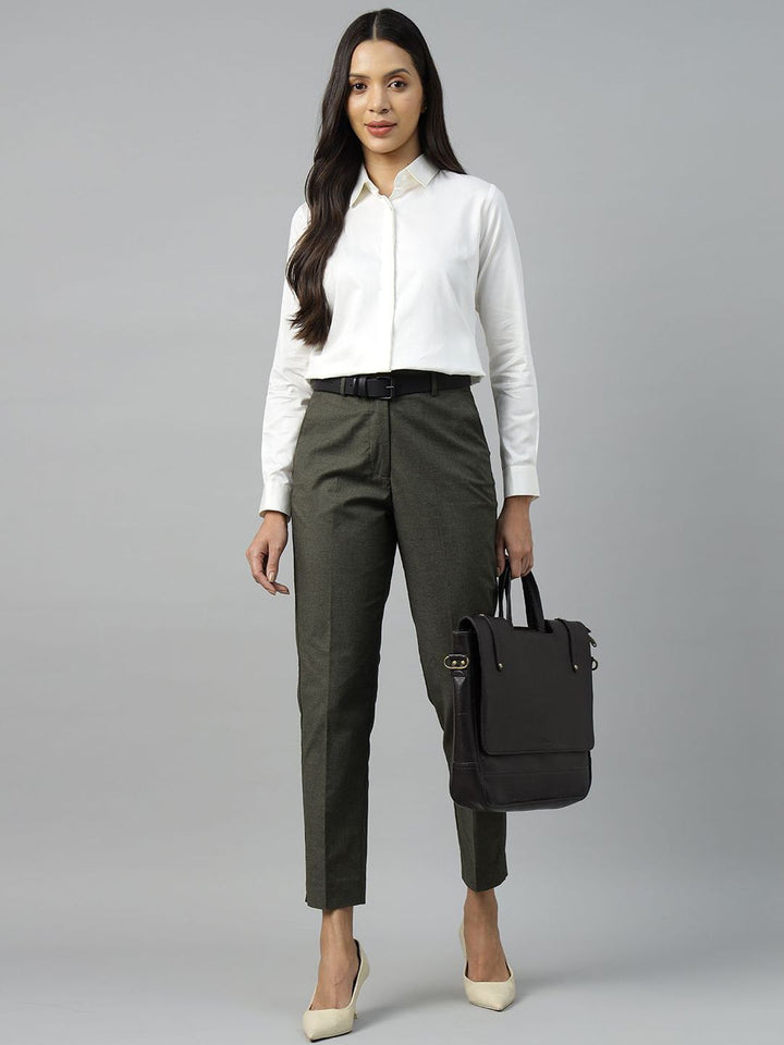 Women Olive Solid Polyester Viscose & Elastane Slim Fit Formal Trouser