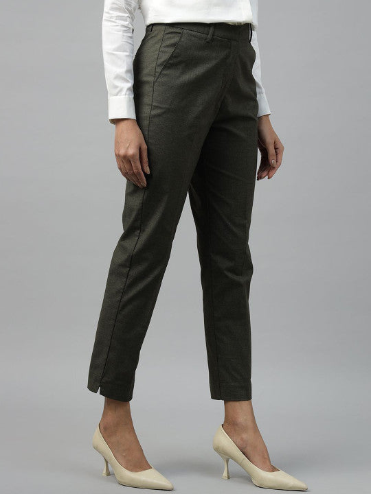 Women Olive Solid Polyester Viscose & Elastane Slim Fit Formal Trouser