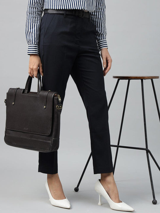 Women Navy Solid Polyester Viscose & Elastane Slim Fit Formal Trouser