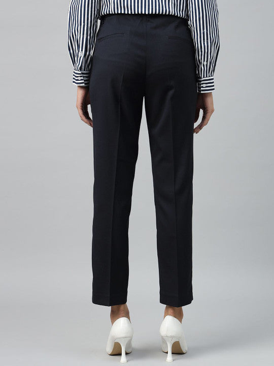 Women Navy Solid Polyester Viscose & Elastane Slim Fit Formal Trouser
