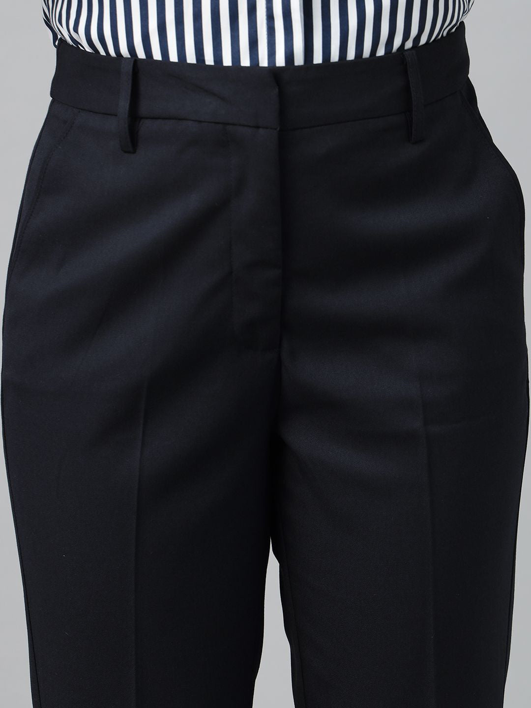 Women Navy Solid Polyester Viscose & Elastane Slim Fit Formal Trouser