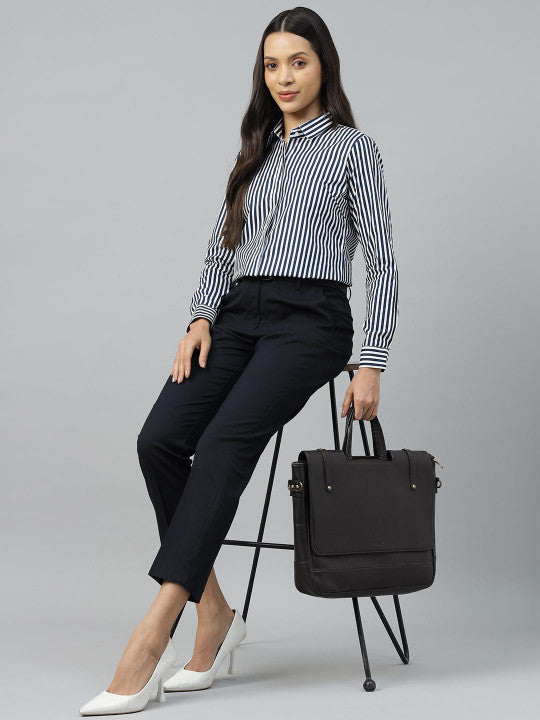 Women Navy Solid Polyester Viscose & Elastane Slim Fit Formal Trouser