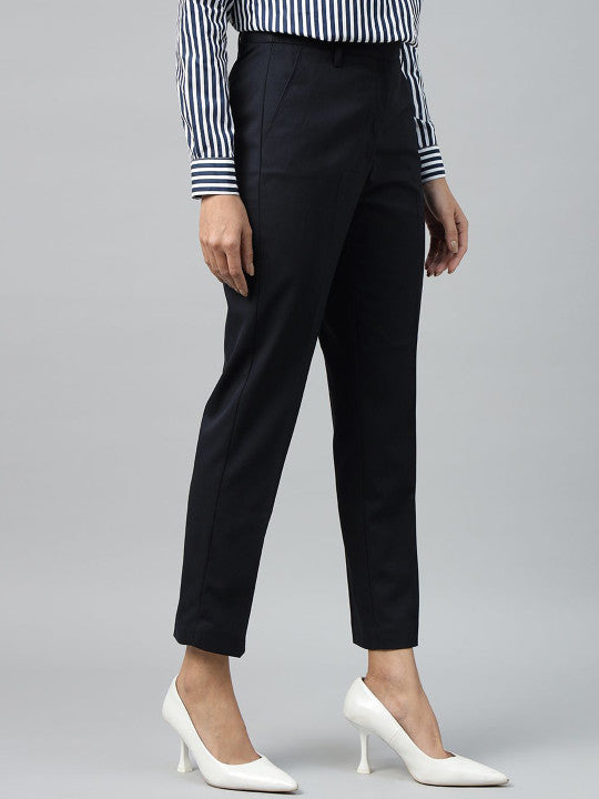 Women Navy Solid Polyester Viscose & Elastane Slim Fit Formal Trouser