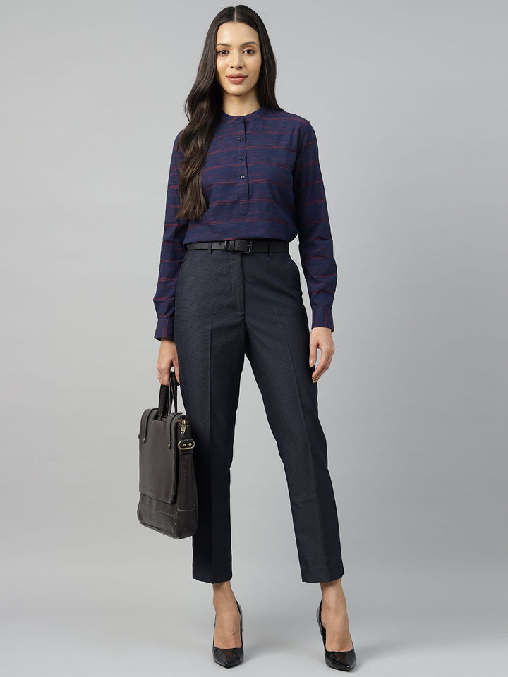 Hancock Women Navy-Maroon Solid Pure Cotton Regular Fit Formal Top
