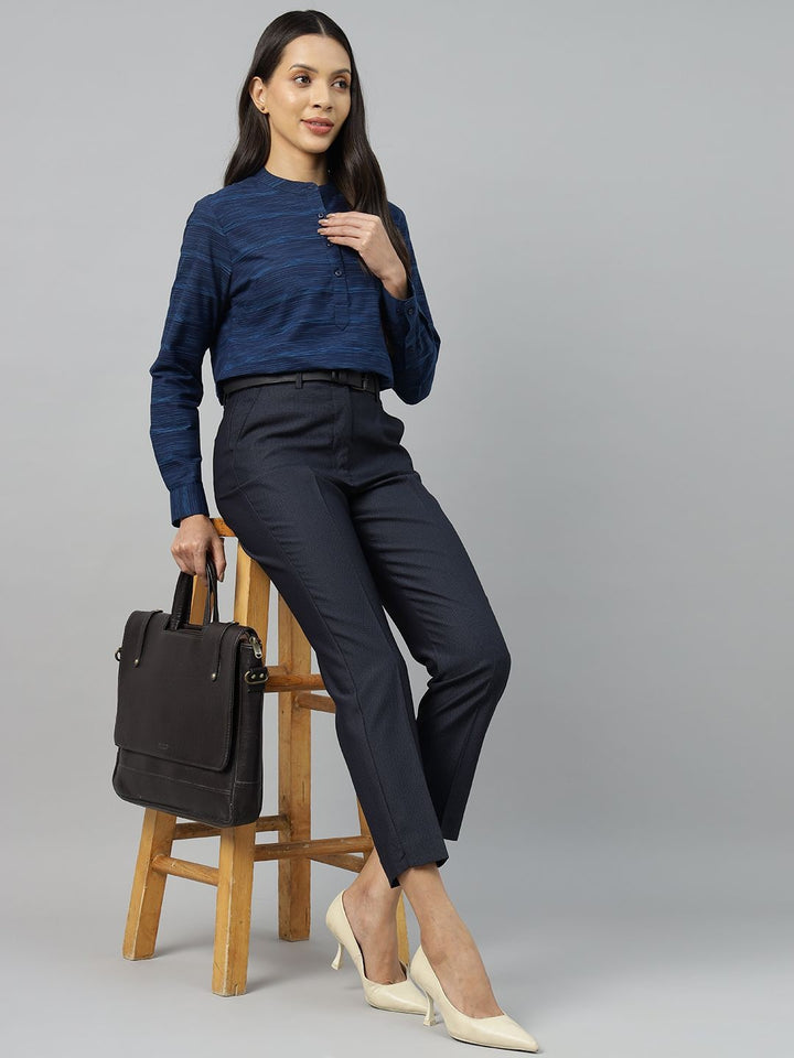 Women Navy-Blue Solid Pure Cotton Regular Fit Formal Top