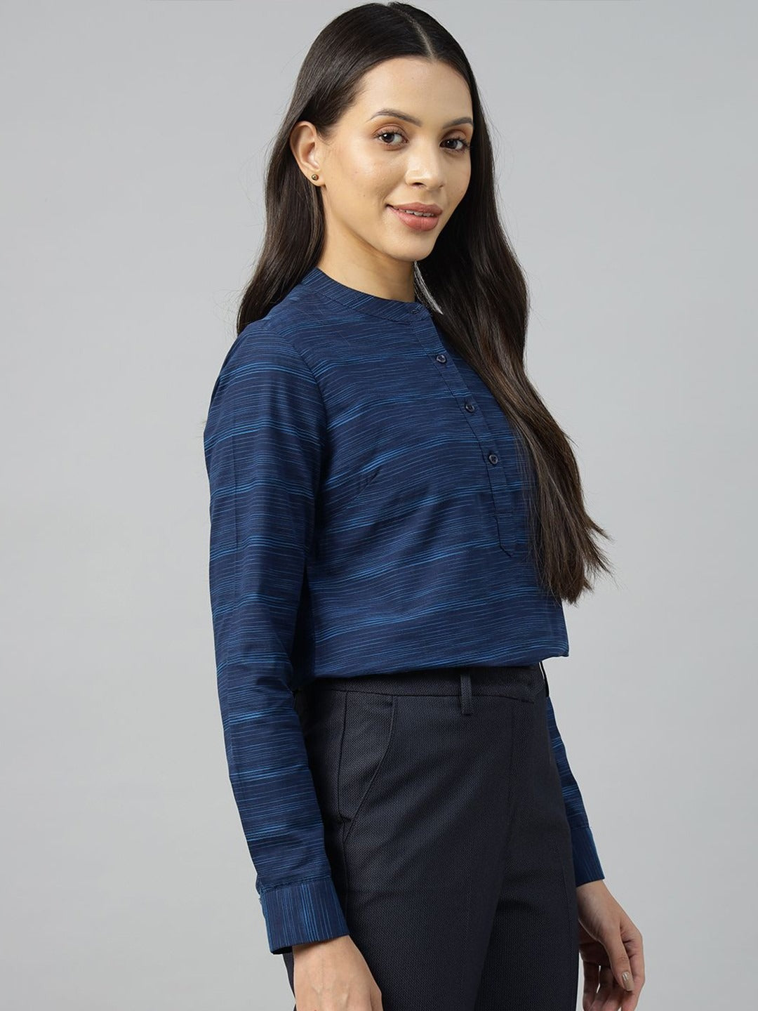 Women Navy-Blue Solid Pure Cotton Regular Fit Formal Top