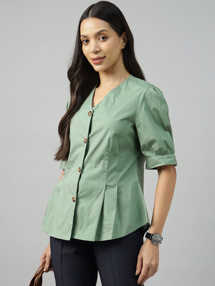 Women Olive Solid Pure Cotton Regular Fit Formal Shirt