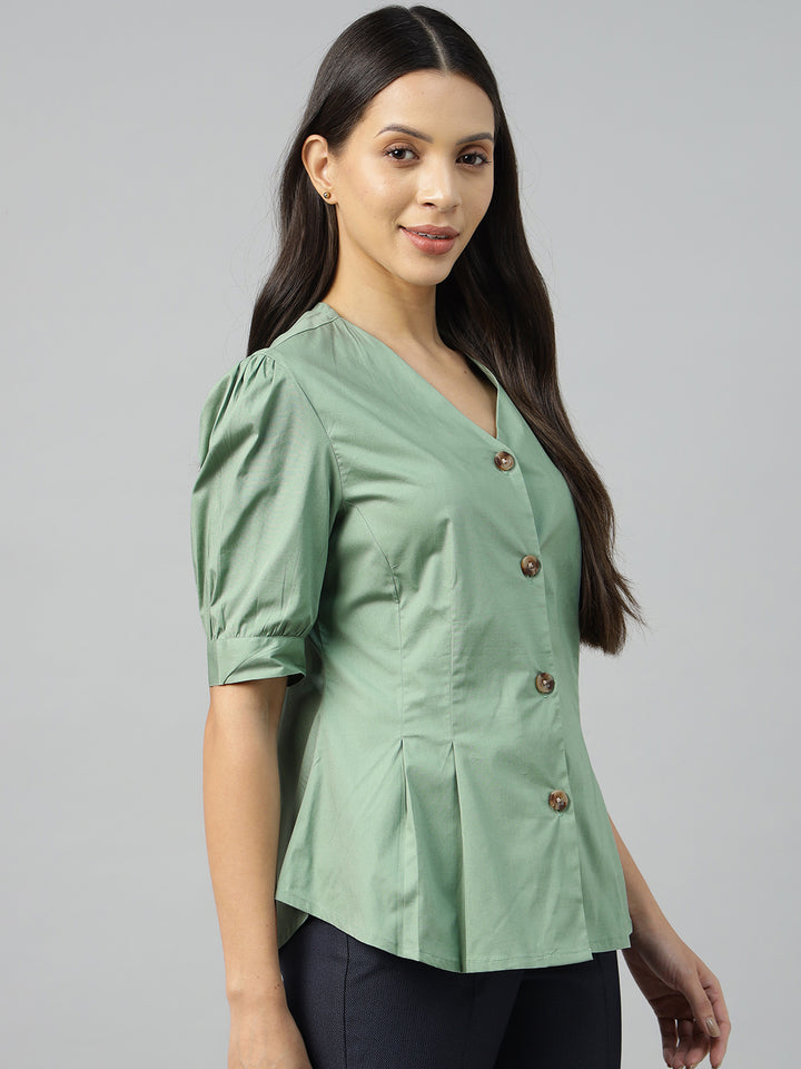Women Olive Solid Pure Cotton Regular Fit Formal Shirt