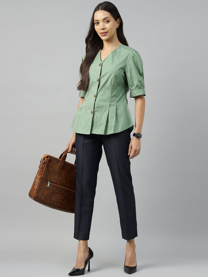Women Olive Solid Pure Cotton Regular Fit Formal Shirt