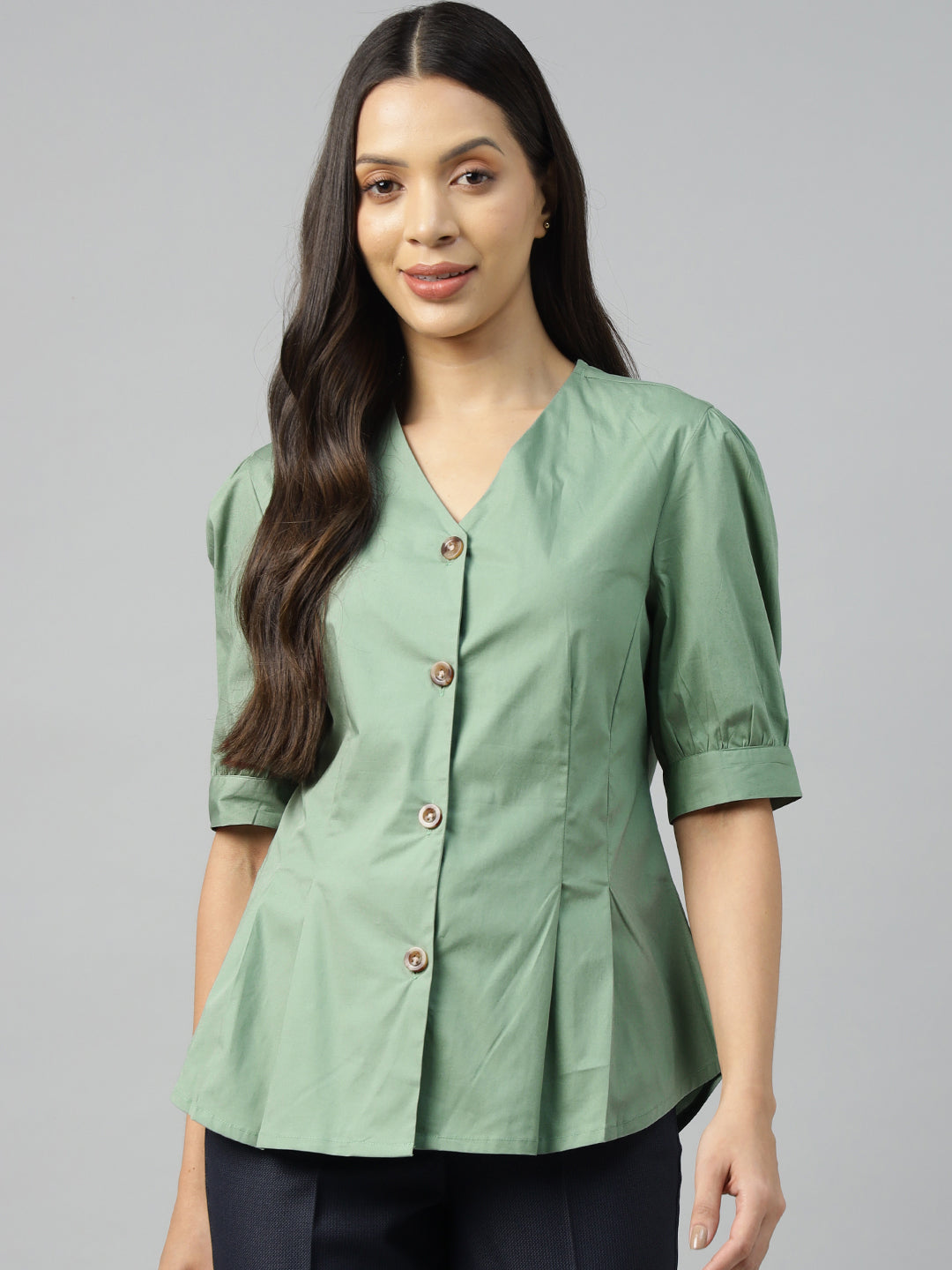 Women Olive Solid Pure Cotton Regular Fit Formal Shirt