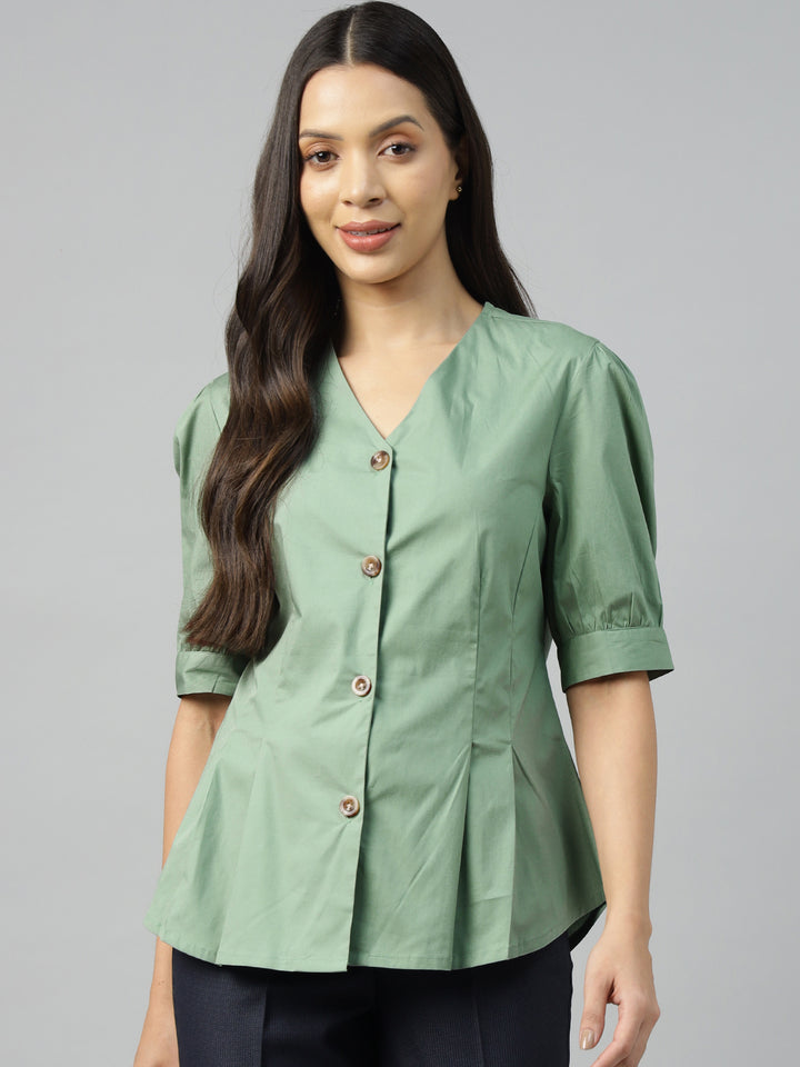 Women Olive Solid Pure Cotton Regular Fit Formal Shirt
