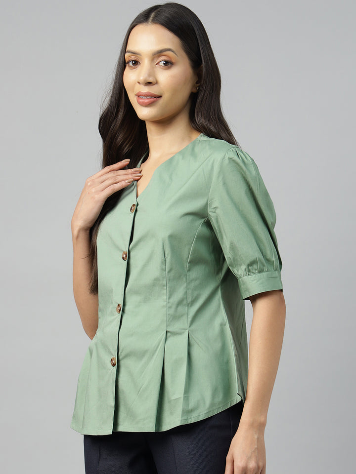 Women Olive Solid Pure Cotton Regular Fit Formal Shirt