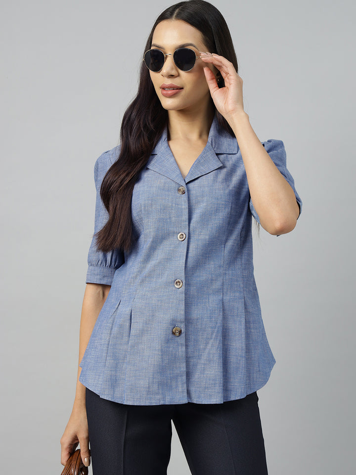 Women Blue Solid Pure Cotton Regular Fit Formal Shirt
