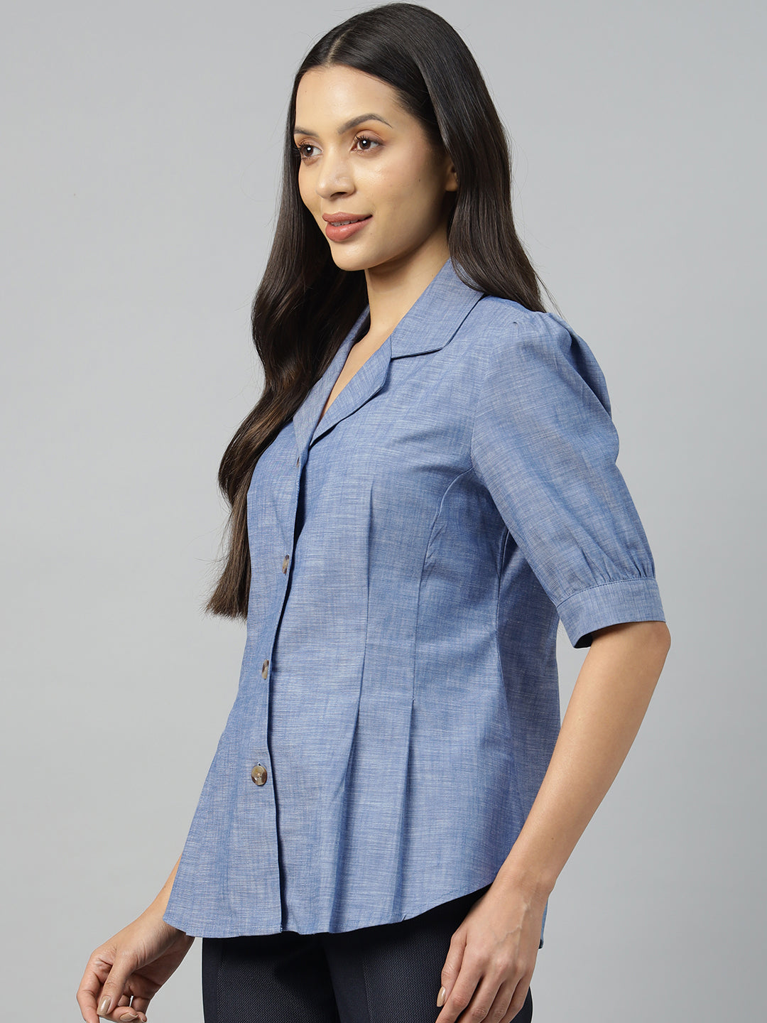 Women Blue Solid Pure Cotton Regular Fit Formal Shirt