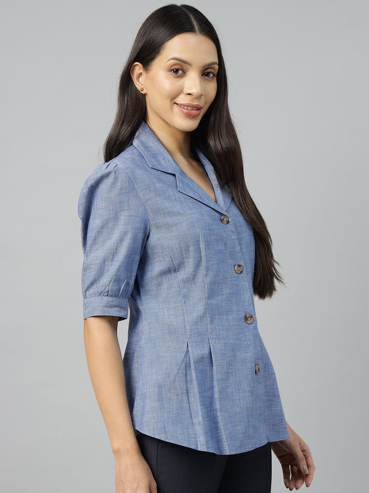 Women Blue Solid Pure Cotton Regular Fit Formal Shirt