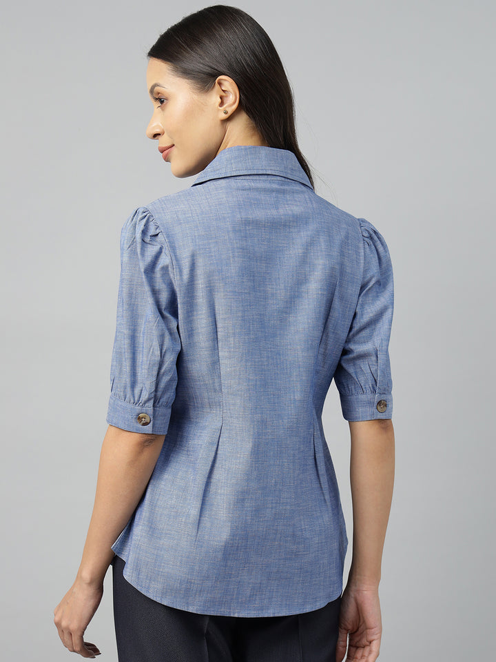 Women Blue Solid Pure Cotton Regular Fit Formal Shirt