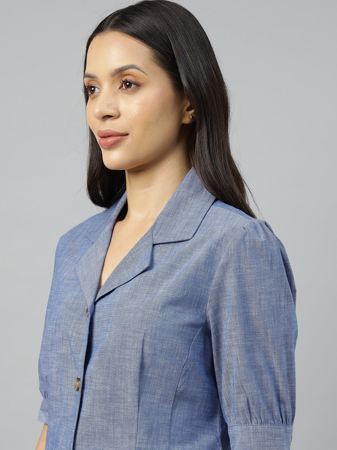 Women Blue Solid Pure Cotton Regular Fit Formal Shirt