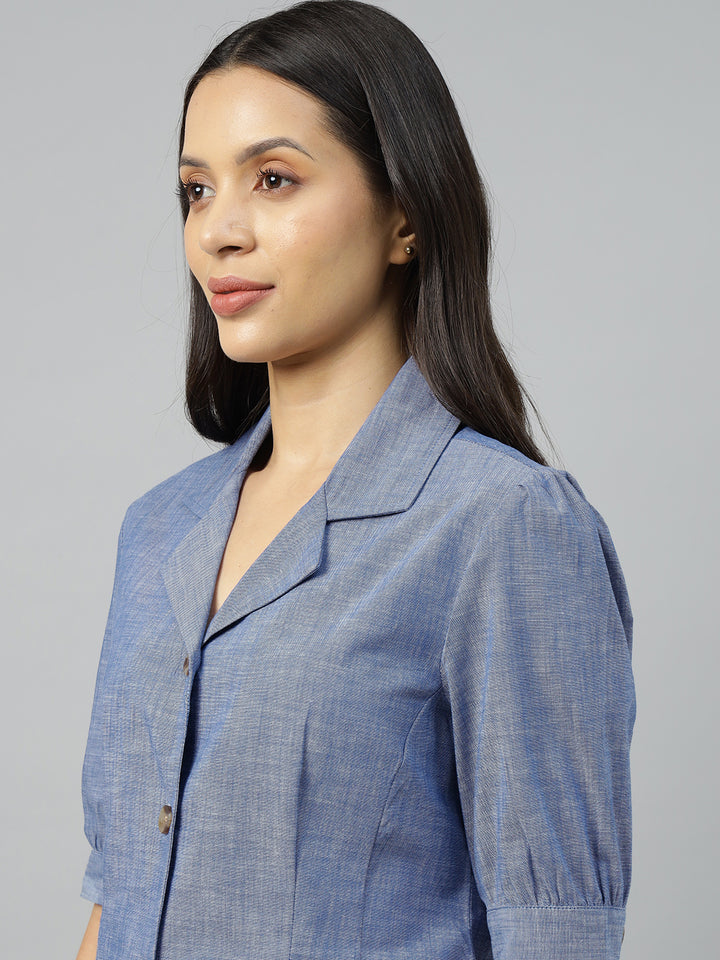 Women Blue Solid Pure Cotton Regular Fit Formal Shirt