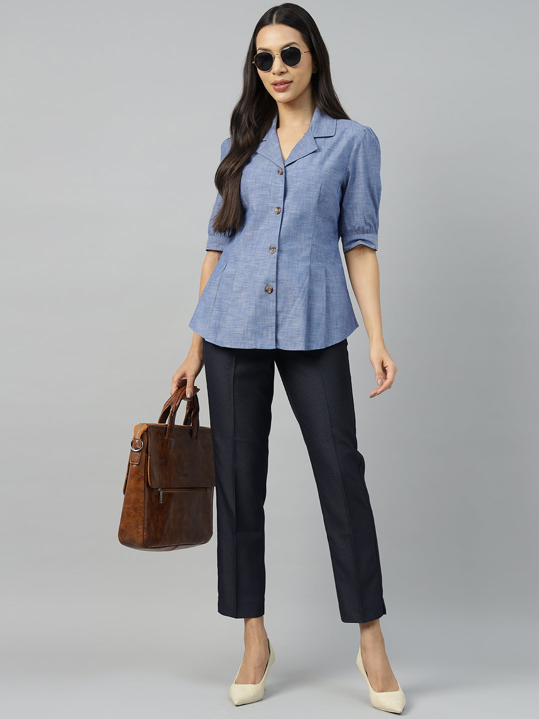 Women Blue Solid Pure Cotton Regular Fit Formal Shirt
