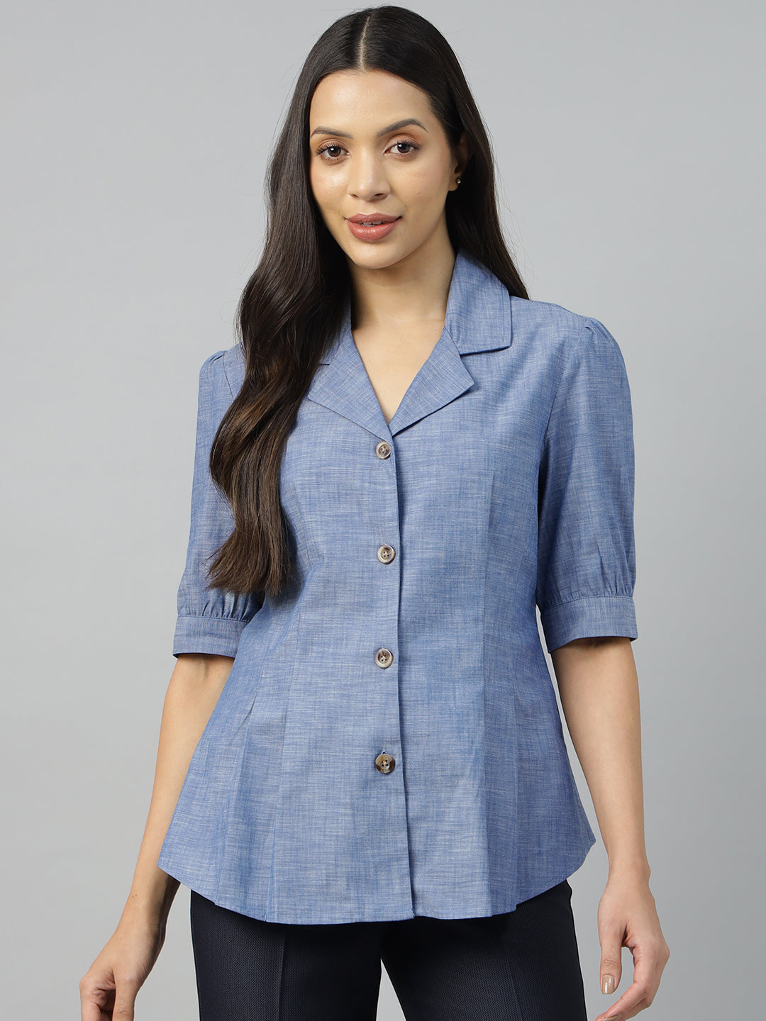 Women Blue Solid Pure Cotton Regular Fit Formal Shirt