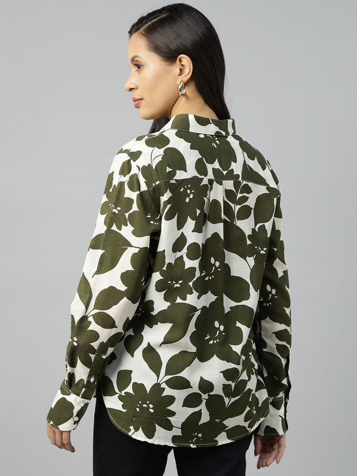 Women Cream-Olive Printed Viscose Rayon Relaxed Fit Casual Shirt