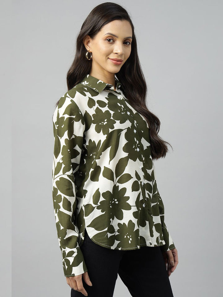 Women Cream-Olive Printed Viscose Rayon Relaxed Fit Casual Shirt