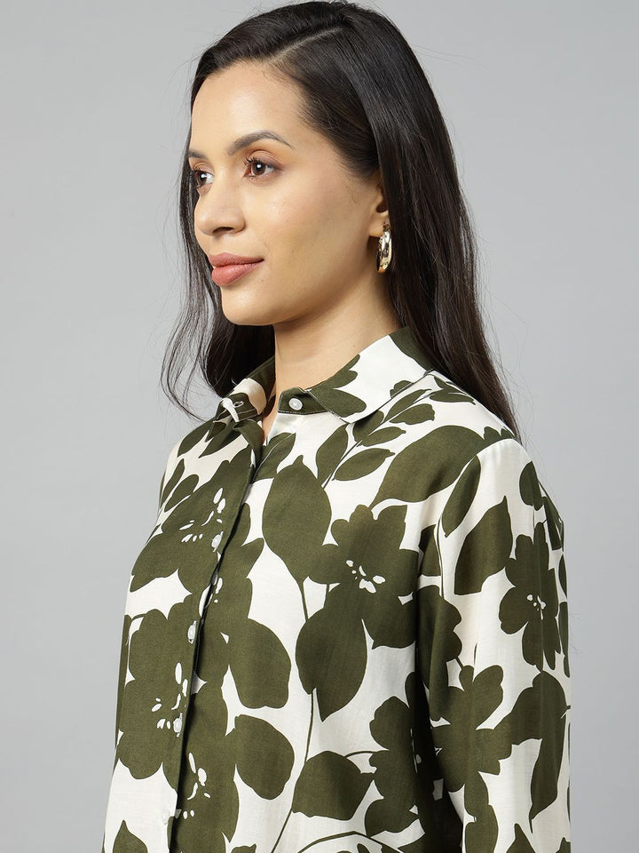 Women Cream-Olive Printed Viscose Rayon Relaxed Fit Casual Shirt