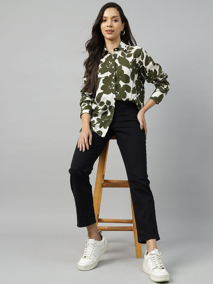 Women Cream-Olive Printed Viscose Rayon Relaxed Fit Casual Shirt