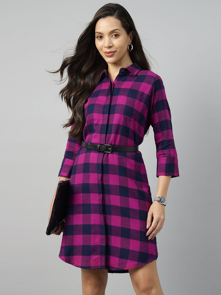 Hancock Women Purple-Navy Blue Checked Pure Cotton Regular Fit Formal Dress