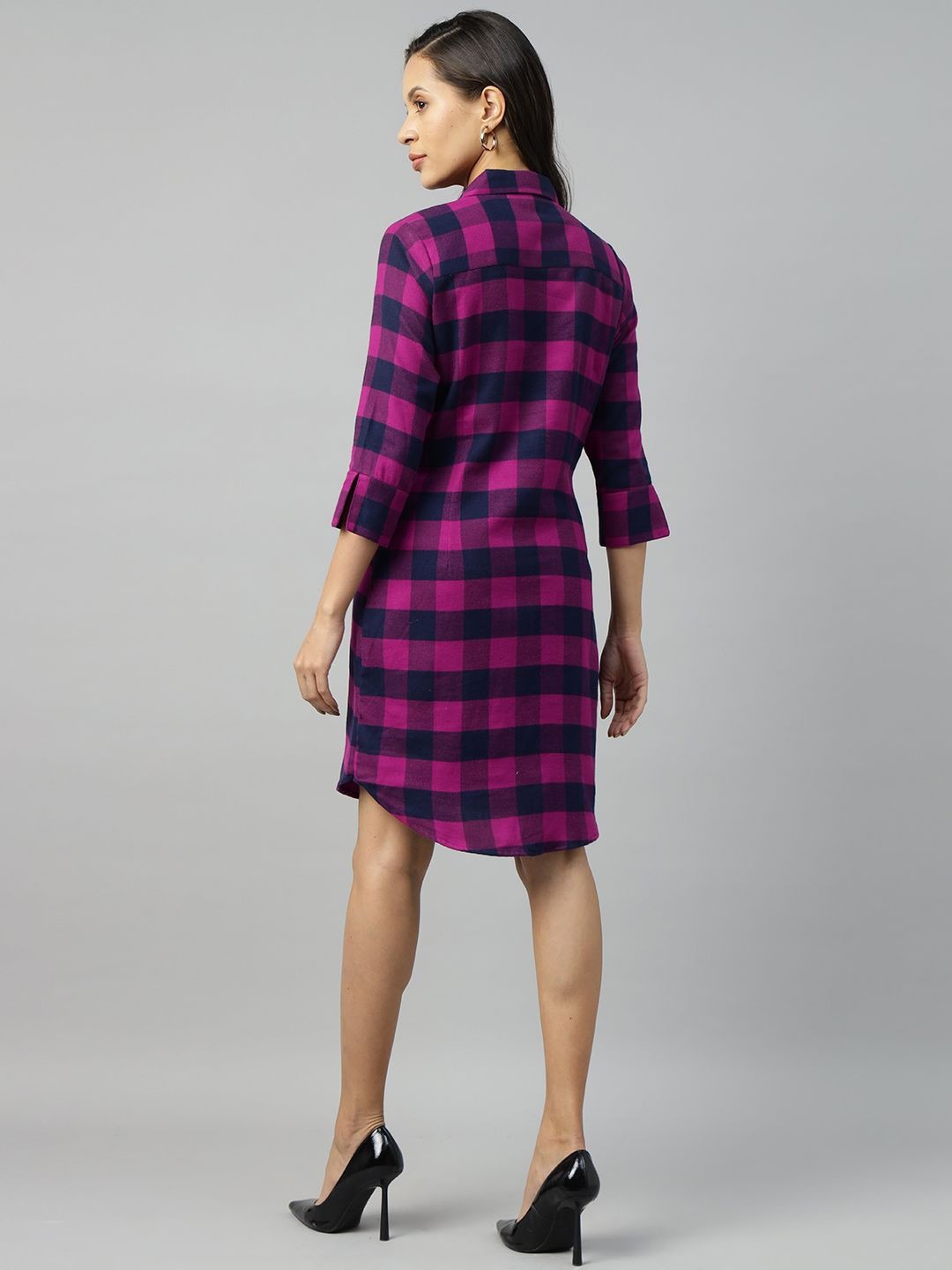 Hancock Women Purple-Navy Blue Checked Pure Cotton Regular Fit Formal Dress