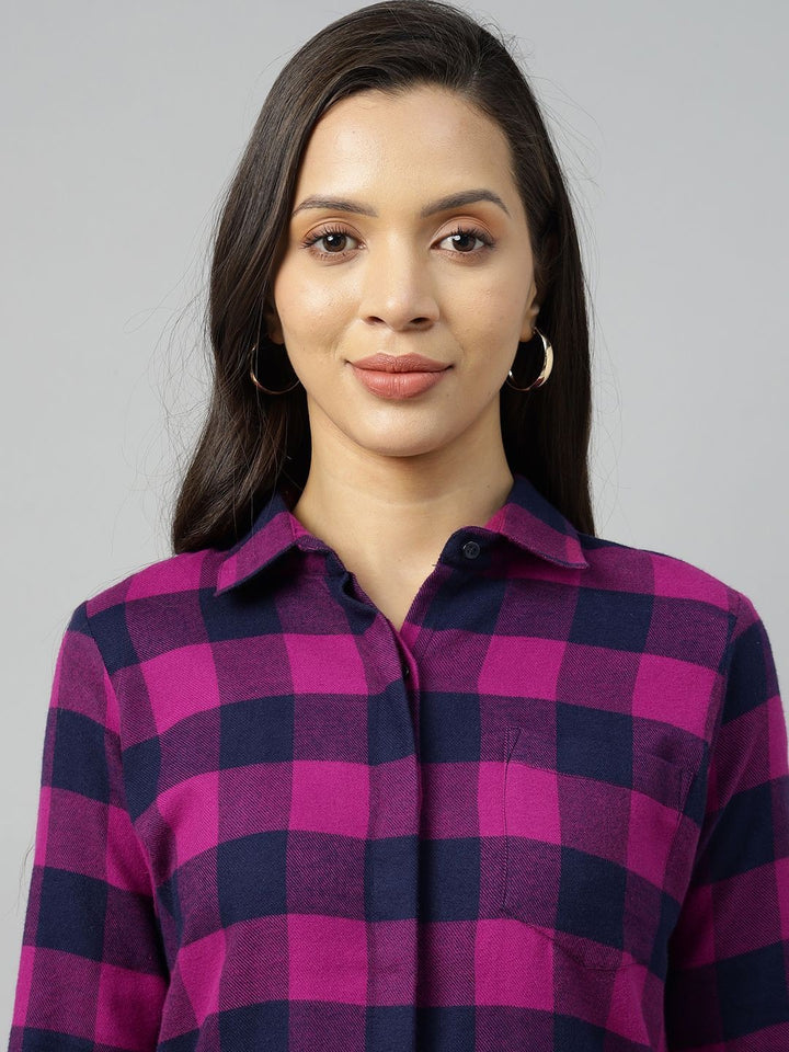 Hancock Women Purple-Navy Blue Checked Pure Cotton Regular Fit Formal Dress