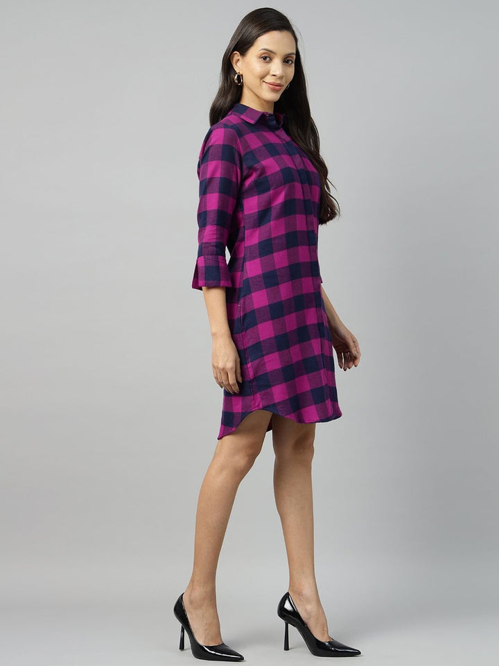 Hancock Women Purple-Navy Blue Checked Pure Cotton Regular Fit Formal Dress