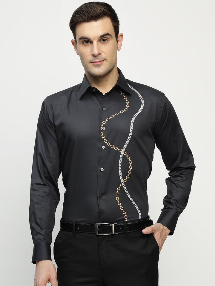 Men Black Printed Pure Cotton Slim Fit Party Shirt