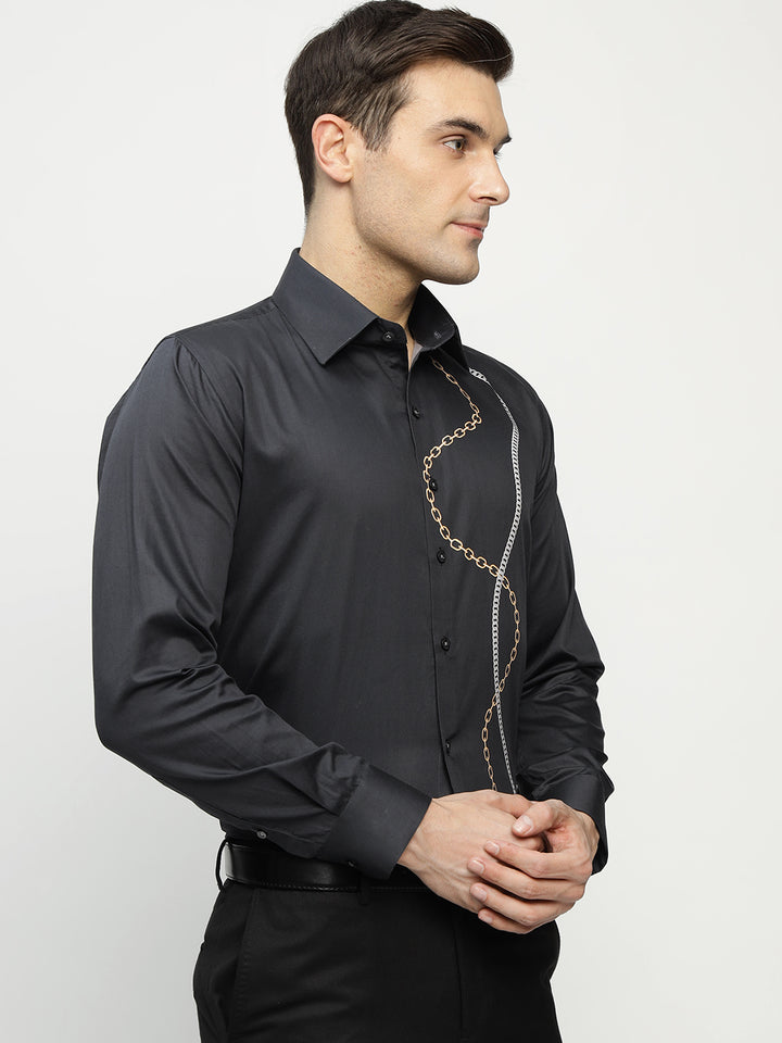 Men Black Printed Pure Cotton Slim Fit Party Shirt