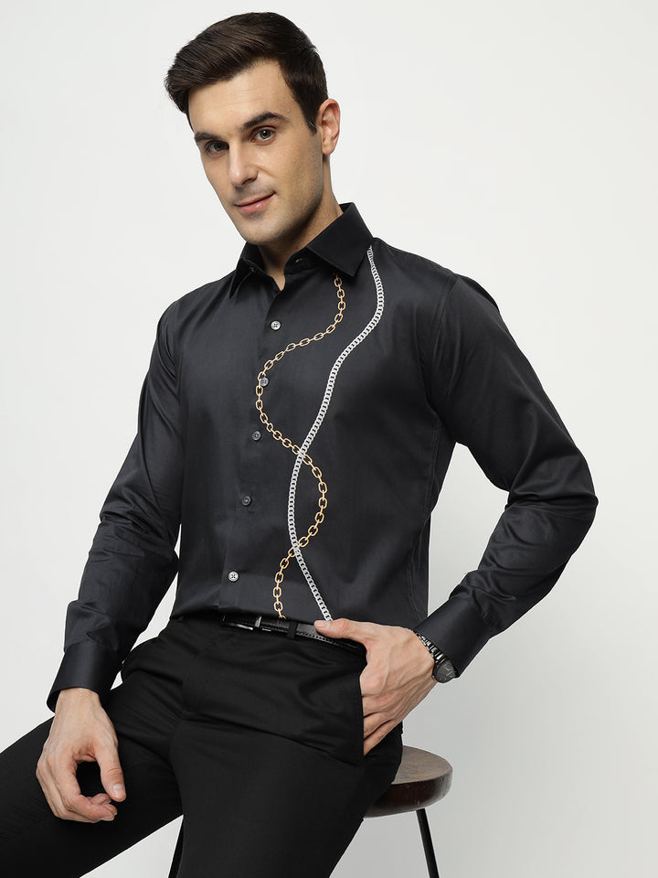 Men Black Printed Pure Cotton Slim Fit Party Shirt