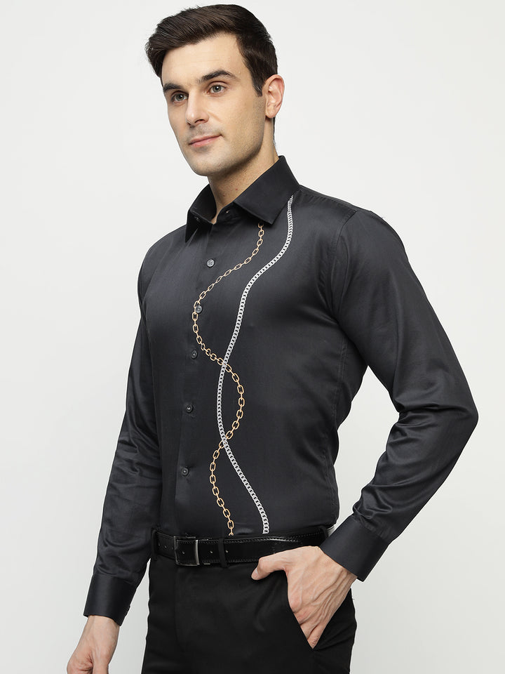 Men Black Printed Pure Cotton Slim Fit Party Shirt