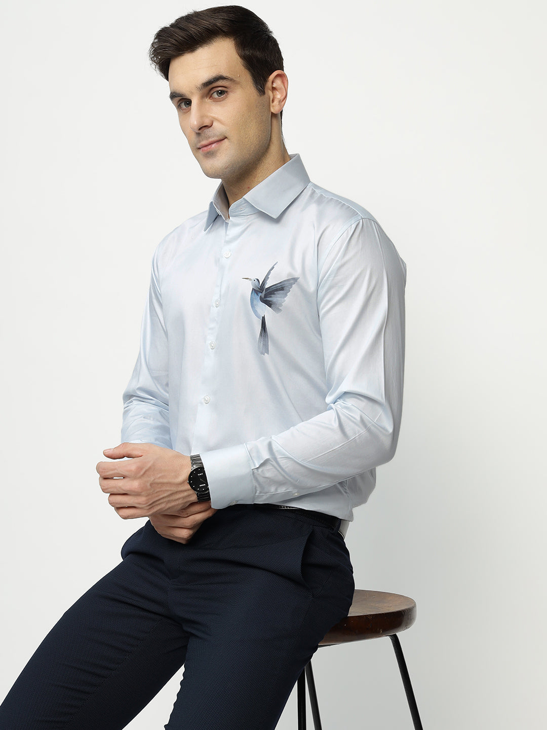 Hancock Men Blue Printed Pure Cotton Slim Fit Party Shirt